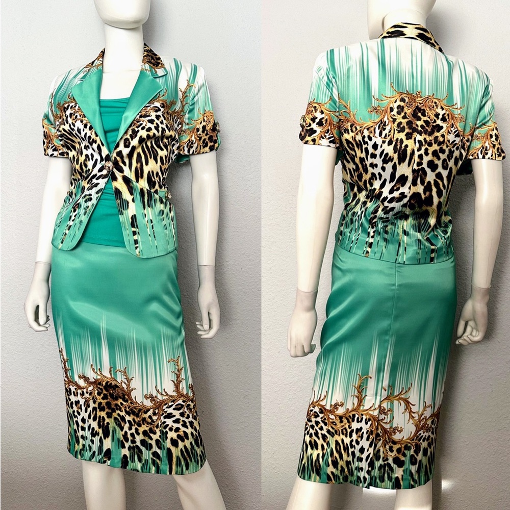 NWT‎ POLEN POE FORMAL SATIN SKIRT SUIT 3PC SET JACKET/SKIRT/TOP ANIMAL PRINT